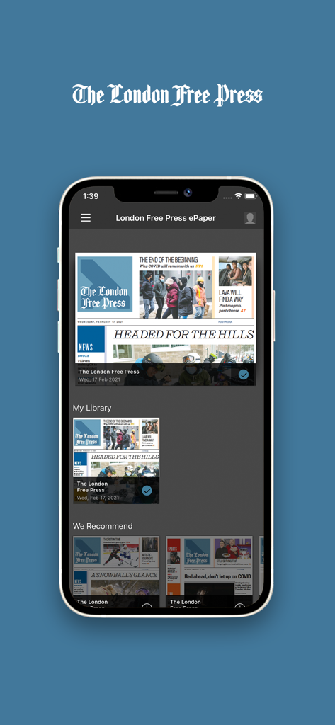 London Free Press ePaper - London Free Press ePaper app screen showing digital newspaper editions and my library section