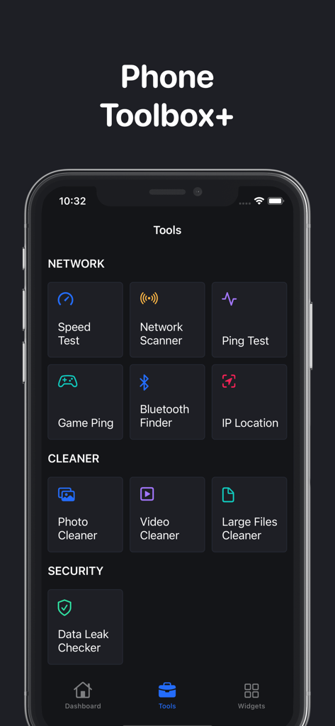 Interface of CPU Z app showing the Phone Toolbox with network speed test storage cleaner and security tools