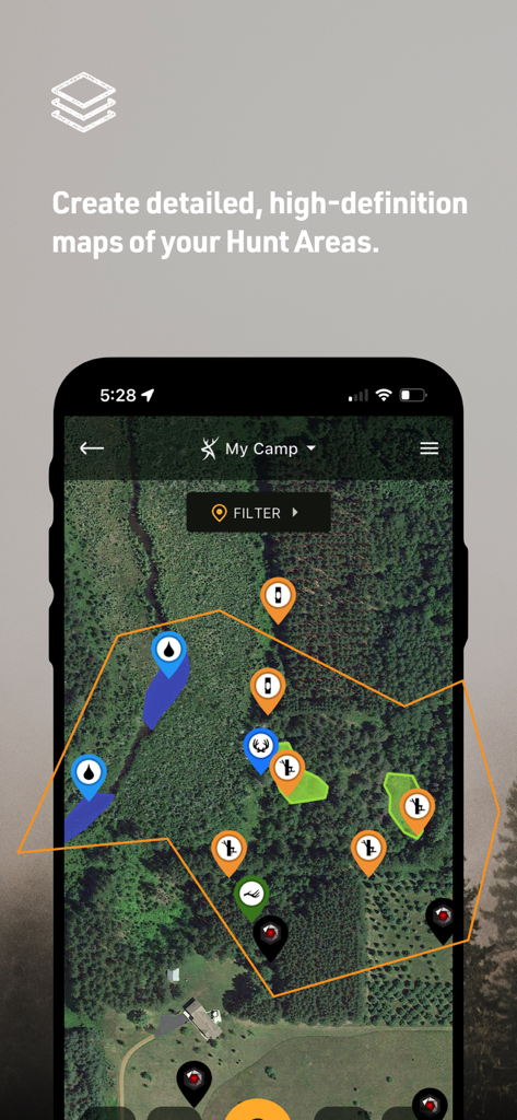 HuntStand app displaying a high-definition satellite map of a hunting area with custom markers and property boundaries