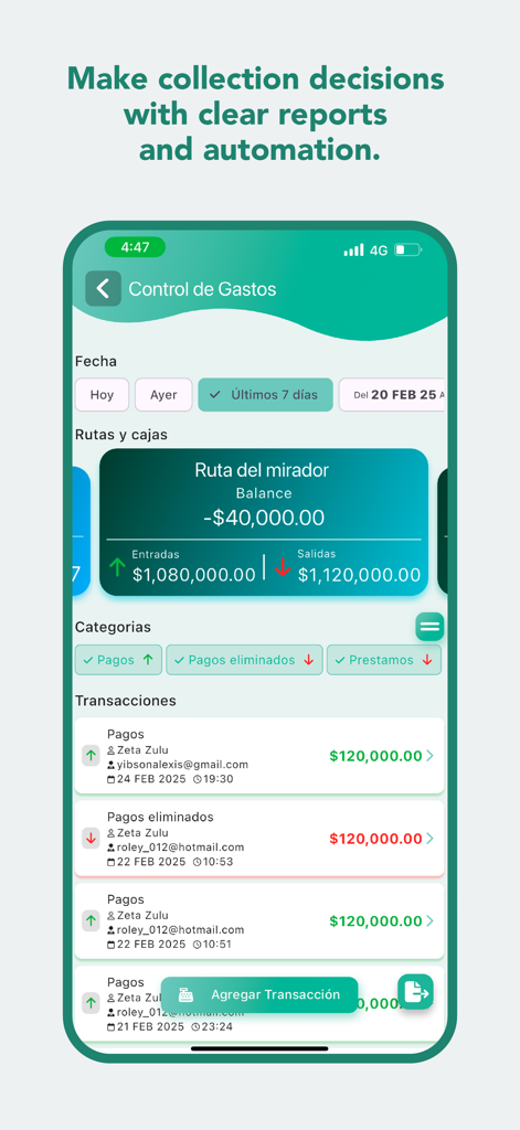 Loan Manager - Cobrapp - Schermata dell'app mobile che mostra il controllo delle spese, il riepilogo del saldo e la cronologia delle transazioni recenti per un percorso di riscossione.
