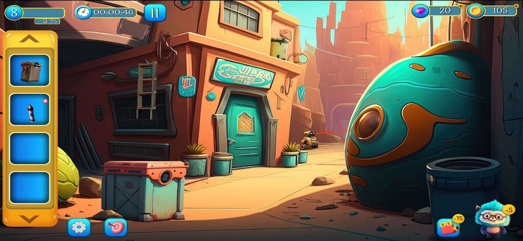 Escape Room: Allys Adventure - Um nível de cidade desértica de ficção científica em Escape Room Allys Adventure mostrando um robô e inventário de puzzles