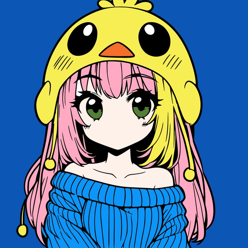 anime girl with chick shaped hat with sweater with bare shoulders with bangs covering them one eye with low tail