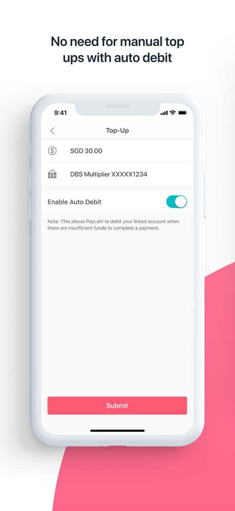 DBS PayLah! - DBS PayLah app interface for enabling auto debit from a linked bank account