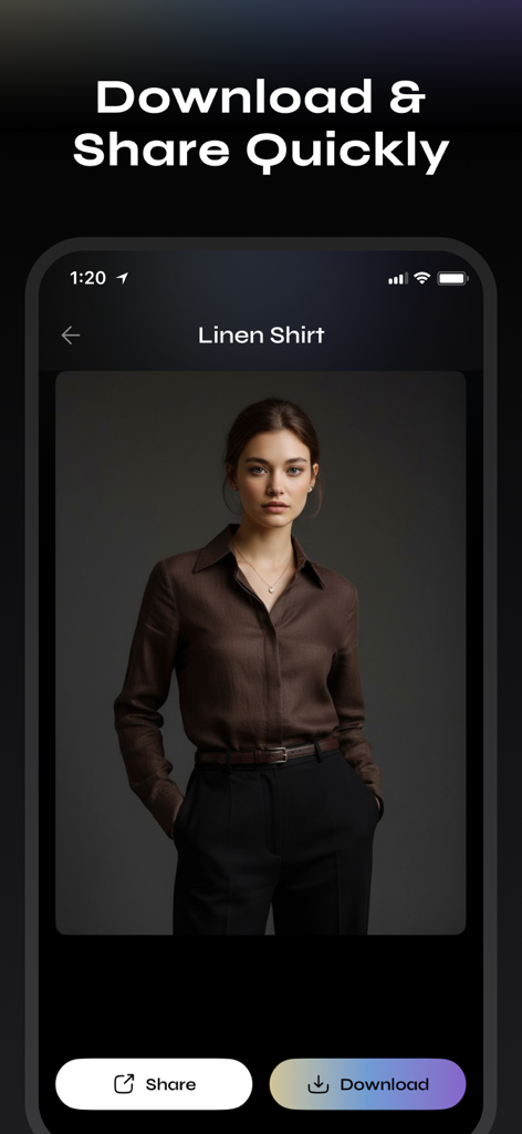 AI Professional Headshot - HS9 - Interface do aplicativo AI Professional Headshot mostrando um retrato gerado de uma mulher em uma camisa de linho com opções de download e compartilhamento