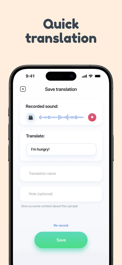 Cat Translator app screen showing a cat meow translated to human language
