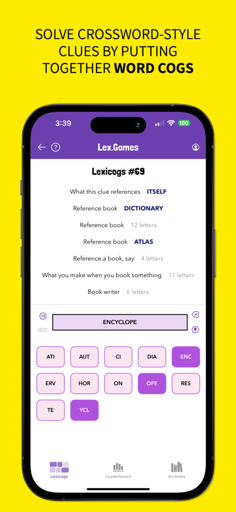 Lexicogsパズルゲーム画面。Lex.Gamesアプリで、クロスワードのヒントと単語の断片が表示されています。