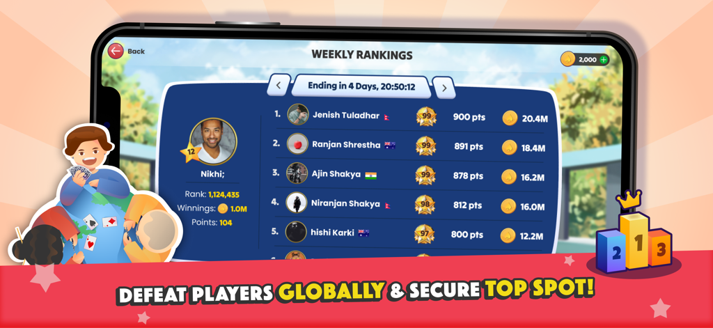 Marriage Card Game by Bhoos - Weekly global rankings leaderboard in the Marriage Card Game showing top players and their points