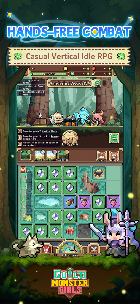 Guild of Monster Girls - Gameplay de Guild of Monster Girls montrant le combat mains libres et des filles monstres en pixel art dans un RPG idle vertical décontracté.