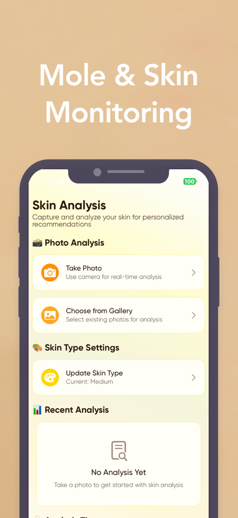 Interface of the Palm Beach Tan Sunshade app showing skin analysis and mole monitoring features