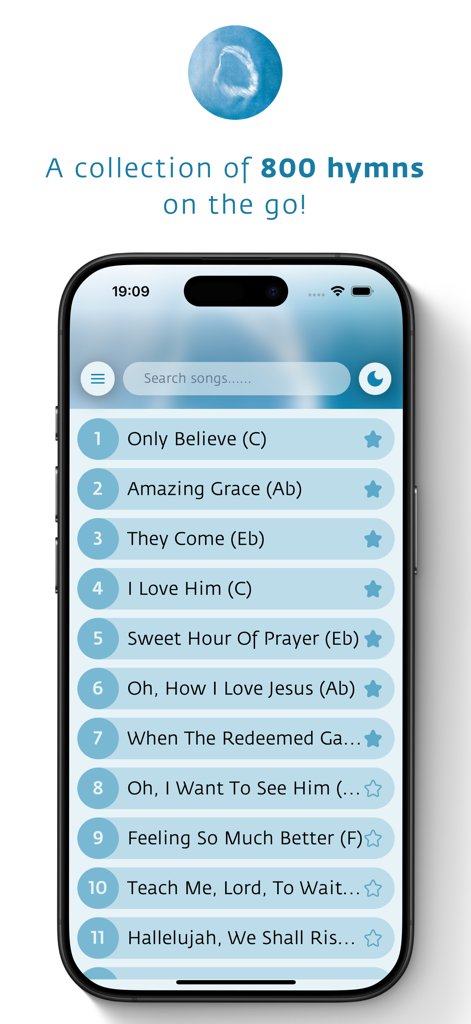 The Only Believe app interface showing a searchable list of traditional Christian hymns including Amazing Grace.