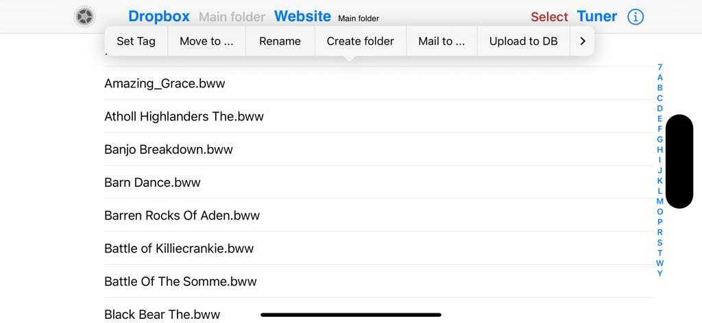List of bagpipe music files in the Bagpipe Player app library