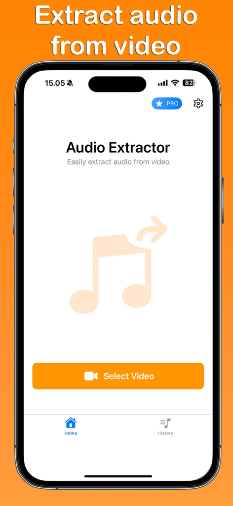 Interface of the Audio Extractor app showing the home screen with a select video button to extract audio