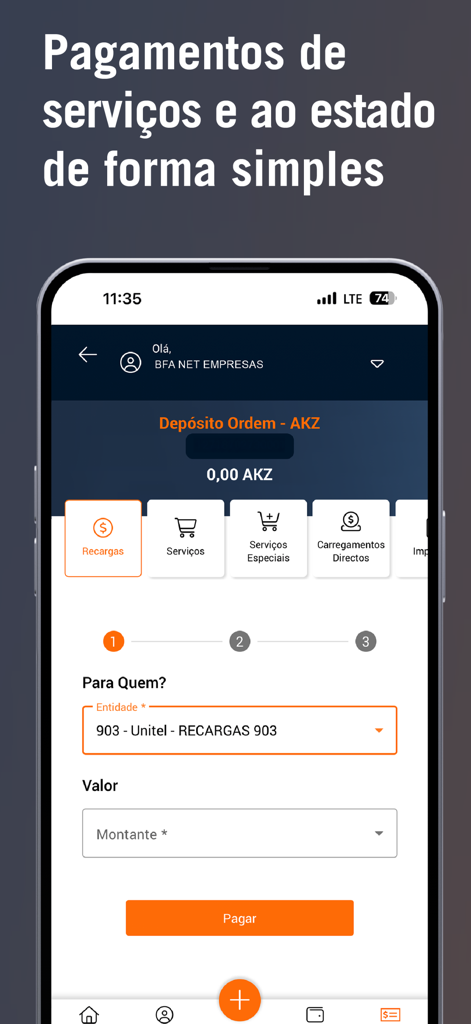 Schermata dell'app mobile BFA Net Empresas per l'elaborazione di pagamenti di servizi e tasse.
