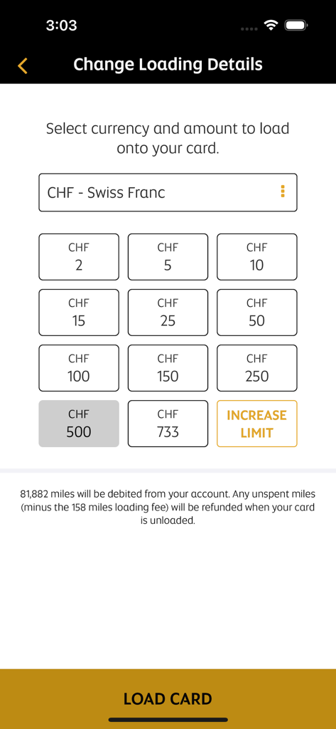 Reward Card - Etihad Reward Card app interface for selecting the amount and currency to load using miles