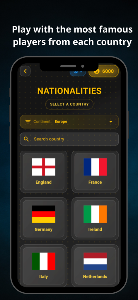 Who Is That Player | Football - Pantalla de selección de nacionalidades con banderas de Inglaterra, Francia, Alemania y otras en un juego de trivia de fútbol