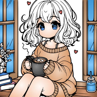 cute anime girl reading book and drinking hot chocolate from mug with loose wavy hair wearing a baggy sweatshirt and shorts sitting by windowsill looking out
