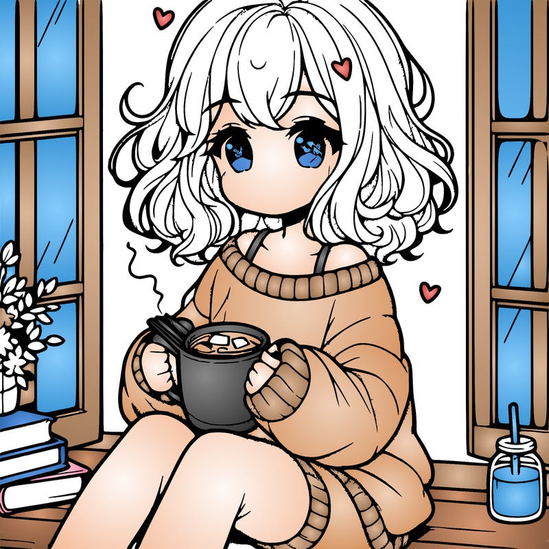 cute anime girl reading book and drinking hot chocolate from mug with loose wavy hair wearing a baggy sweatshirt and shorts sitting by windowsill looking out