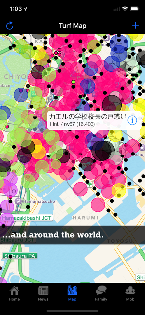 Turf Wars - Turf Wars app screenshot showing a map of Tokyo with numerous overlapping colorful circles representing different players' territories.