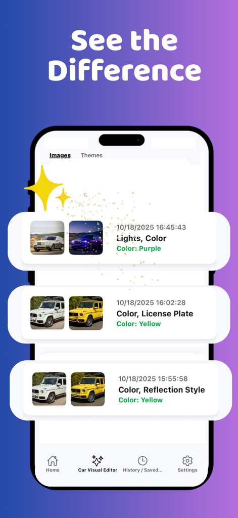 Modify - AI Car Mods & Theme - A list showing before and after comparisons of AI car modifications including color and light changes