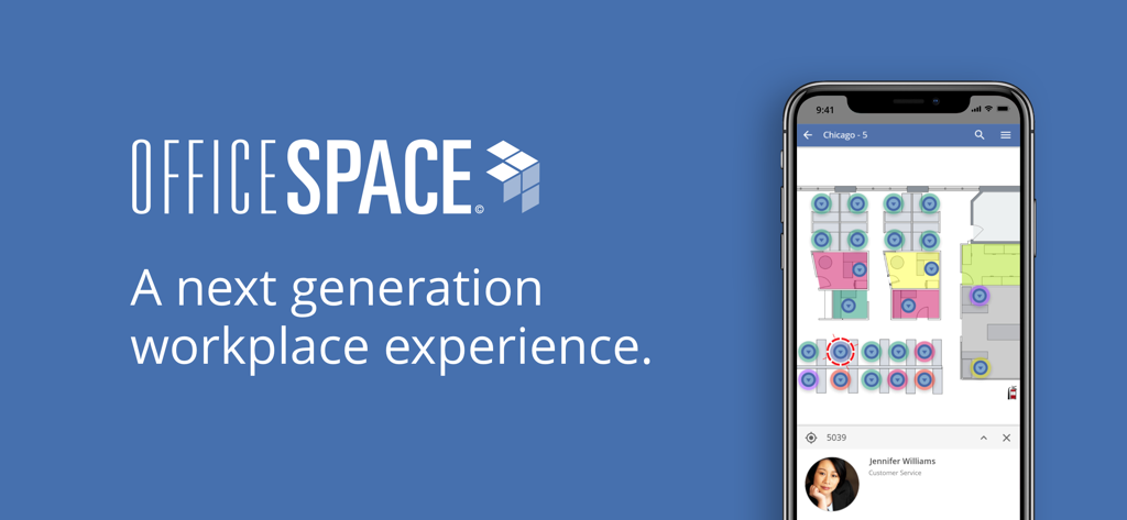 OfficeSpace app interface showing an interactive floor plan and coworker location