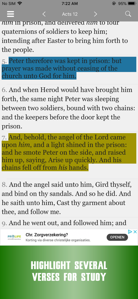 John Gill Expositions Bible - John Gill Bible app screen with highlighted verses from Acts 12 for study