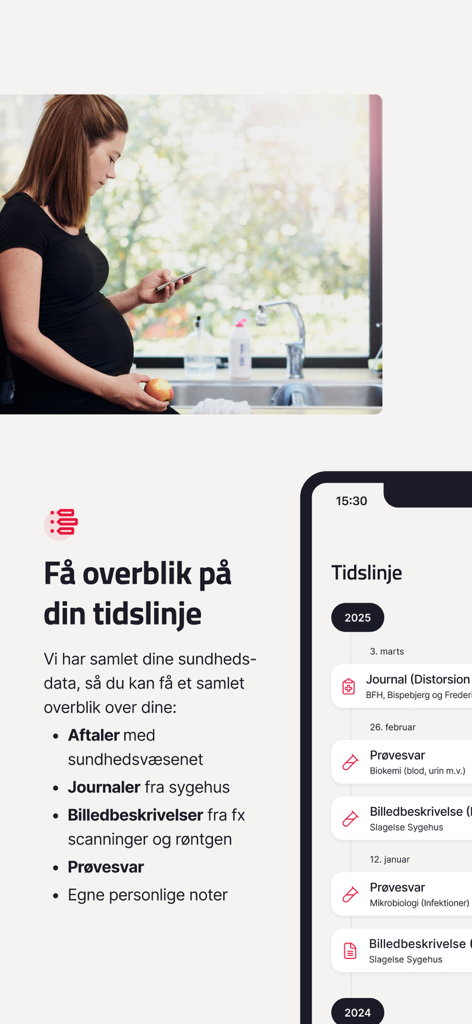 A pregnant woman checking her medical records on the MinSundhed app timeline