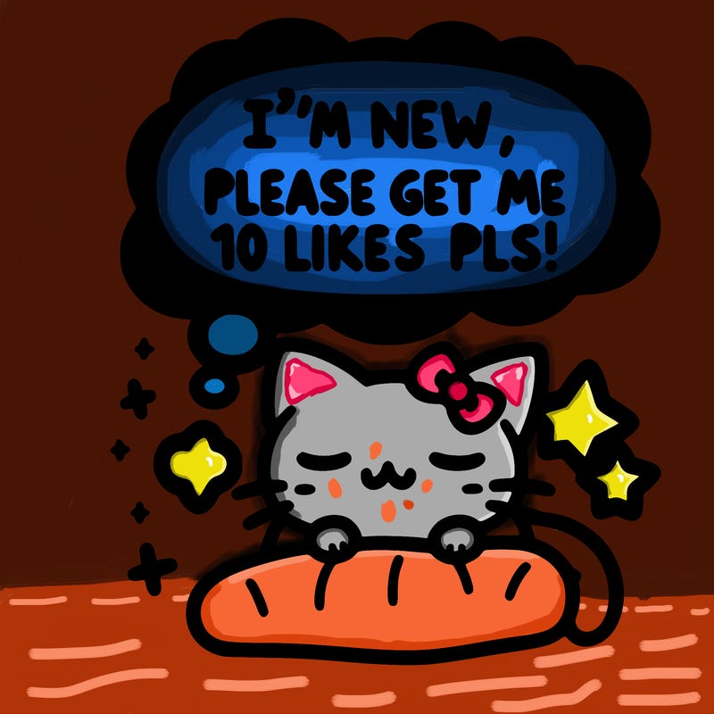 kitty taking a nap dream talking and saying "i'm new, please get me at least 10 likes pls!!"