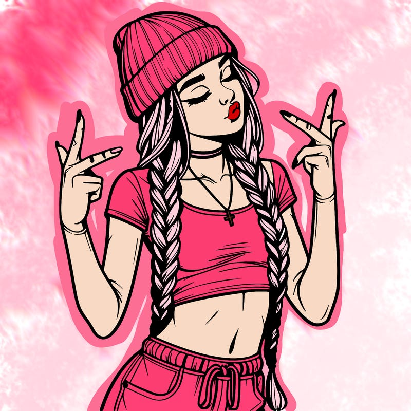 realistic teenage girl with braids and a beanie and crop top doing 🫶🏼
