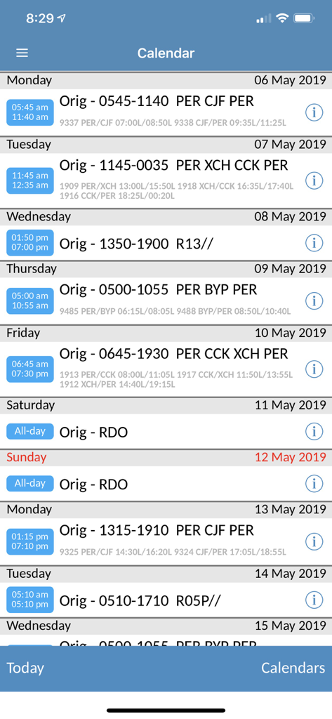 Flight crew schedule displayed in the roster import app calendar view showing duty times and airport codes