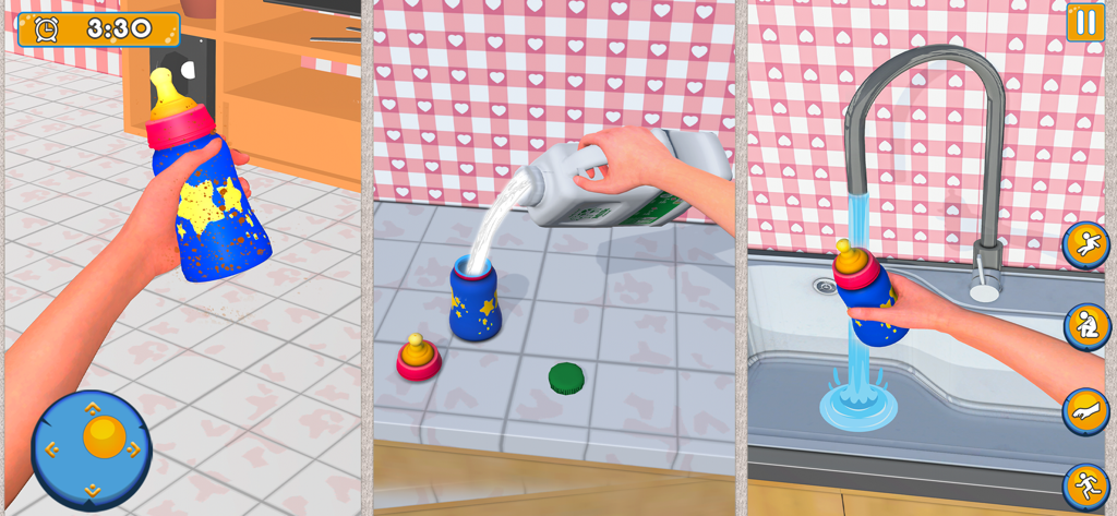 Mother Simulator BabyCare Game - Gameplay showing the steps of preparing milk and washing a baby bottle in a mother simulation game