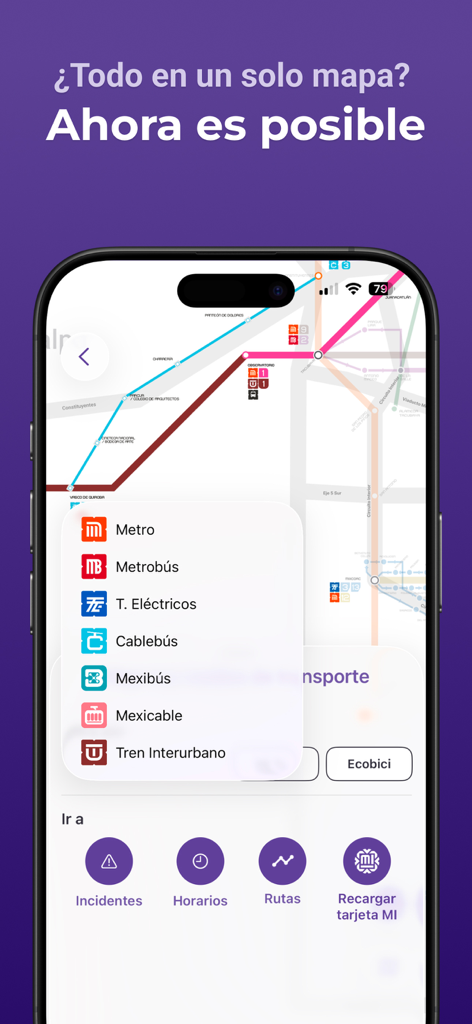 Interface of App CDMX showing an integrated map with various public transportation options in Mexico City