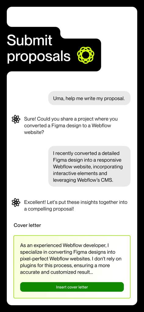 Upwork - Interface showing Upwork's AI assistant Uma helping a freelancer generate a cover letter for a job proposal.