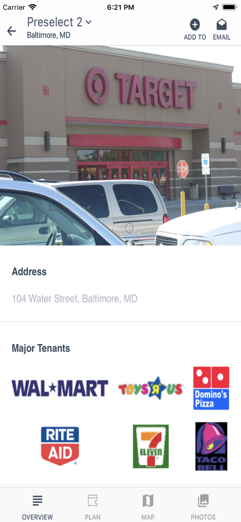 Property Capsule - Property Capsule app showing a commercial real estate property overview in Baltimore with major tenant logos.