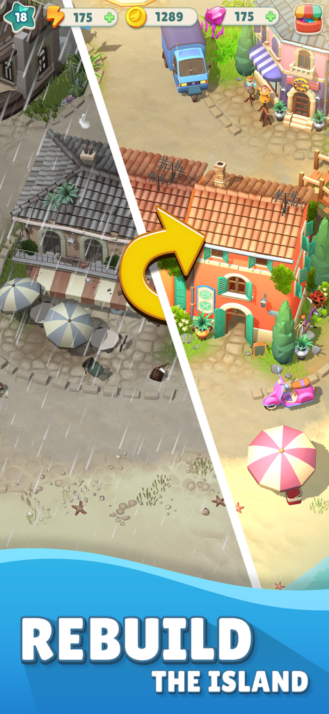 Cozy Coast: Merge Adventure - A before and after split screen showing a rainy dilapidated building transformed into a bright renovated Mediterranean shop.