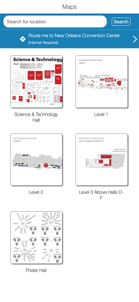 AHA Conferences - Mapas de navegación para conferencias AHA que muestran la distribución de las salas y los niveles del suelo del lugar.