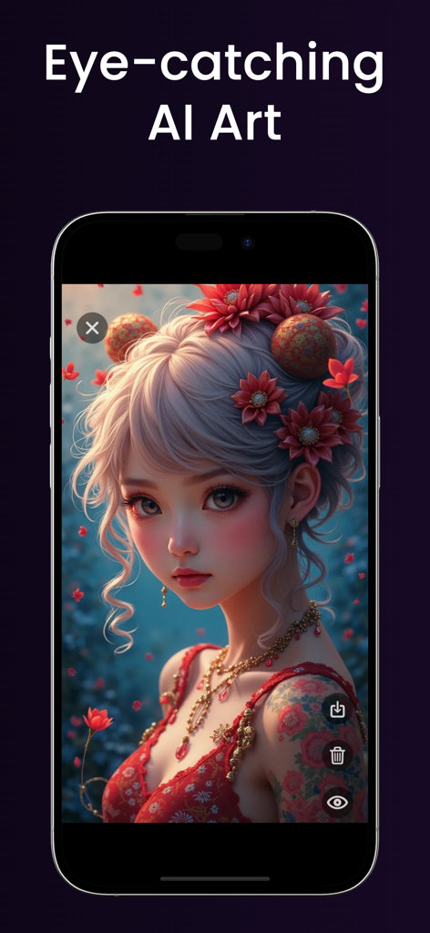 Art AI: Wallpaper Generator - Arte llamativo generado por IA de una chica anime con flores rojas en una pantalla de iPhone.
