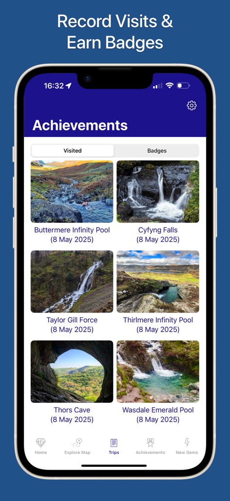 UK Hidden Gems - App interface showing a list of visited UK nature spots like infinity pools and waterfalls with recorded dates