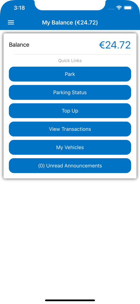 Tipperary eParking - Tipperary eParking app balance screen with quick links menu