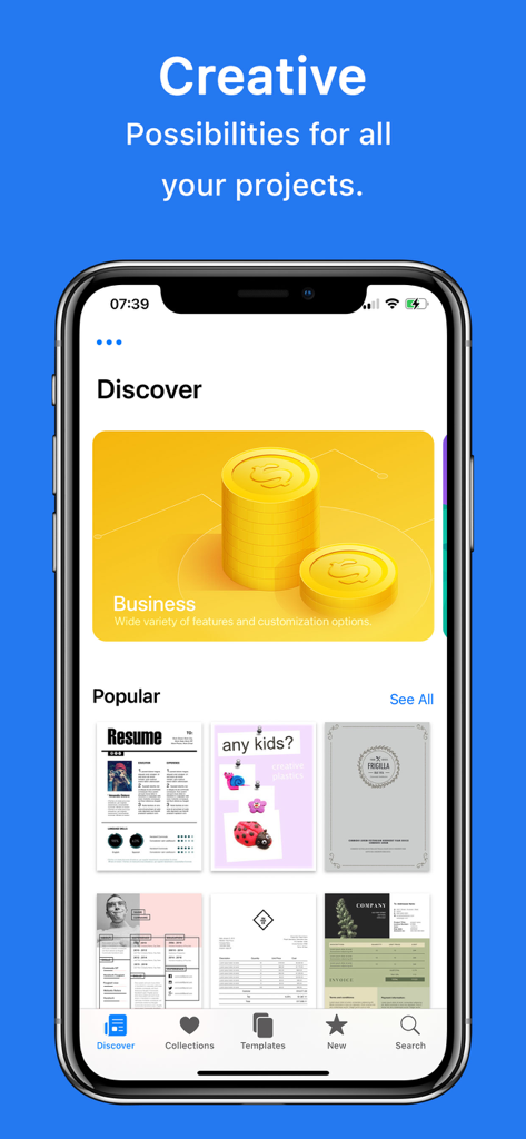 Schermo di iPhone che mostra la sezione Scopri dell'app Modelli per Google Documenti con categorie aziendali e modelli di documenti popolari.