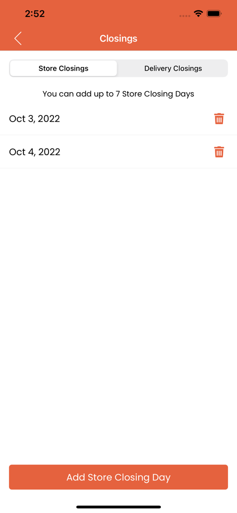 Beyond Menu Restaurant Owner app interface for managing store and delivery closing dates