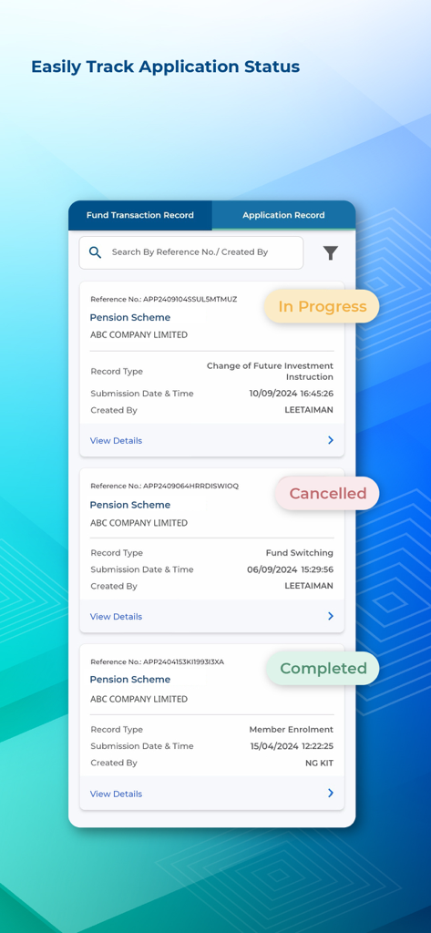 iFAST ePENSION mobile app screen showing a list of application records with status indicators like In Progress, Cancelled, and Completed.