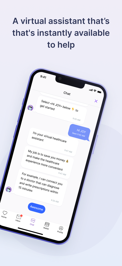 HealthJoy mobile app chat interface featuring the JOY virtual healthcare assistant for on-demand medical support.