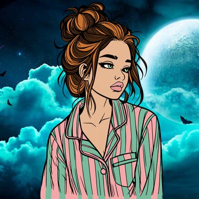 realistic woman with pajamas on and a messy bun