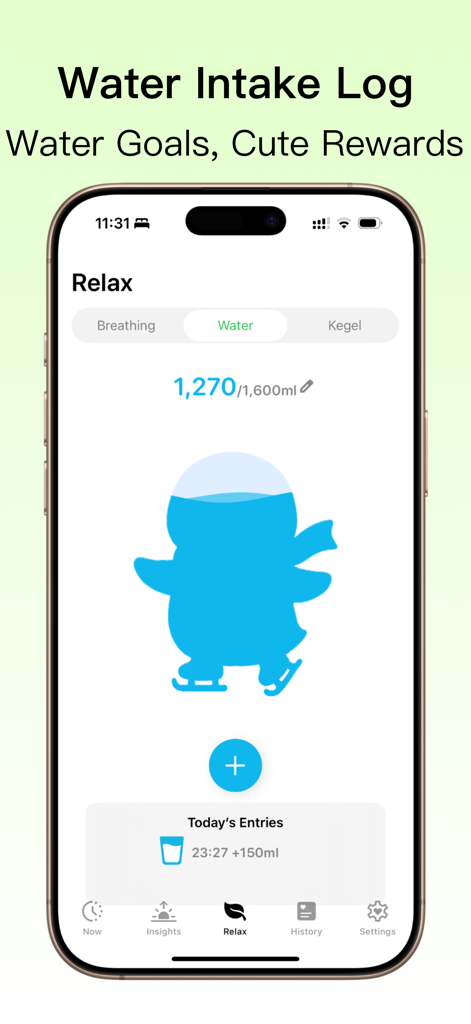 StressBook app water intake log interface showing hydration progress with a blue penguin character