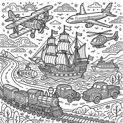 Dive into a world of incredible decorative vehicle models, from classic cars to majestic ships and powerful trains. This coloring page offers a captivating collection of transportation art, ready for your creative touch.