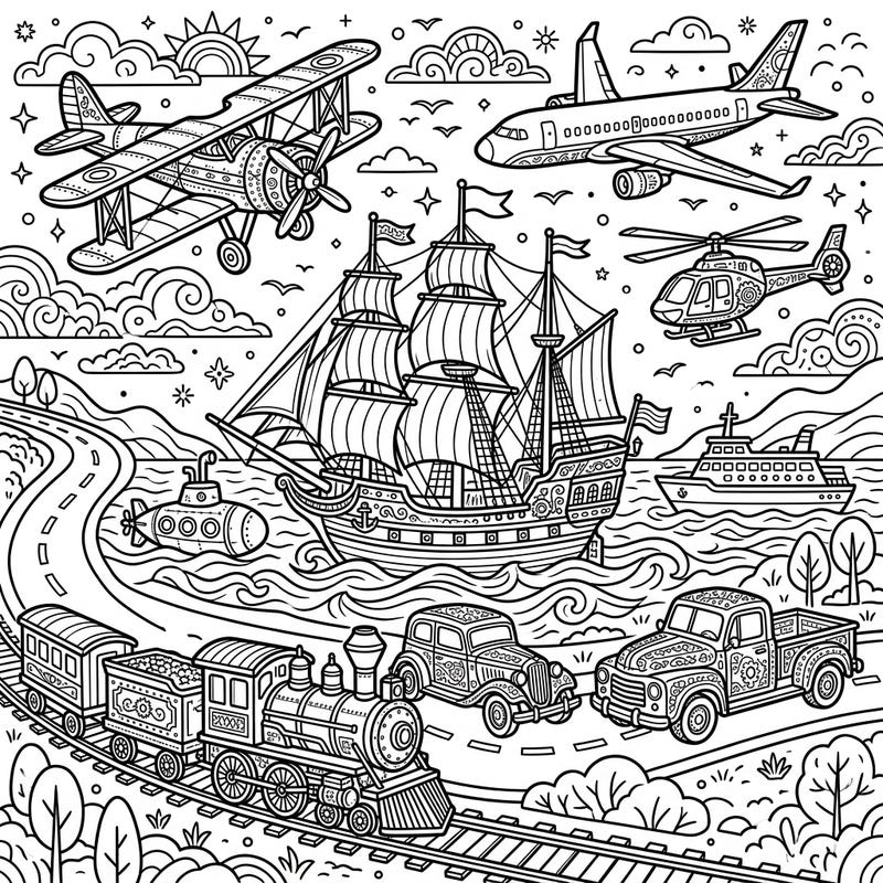 Dive into a world of incredible decorative vehicle models, from classic cars to majestic ships and powerful trains. This coloring page offers a captivating collection of transportation art, ready for your creative touch.