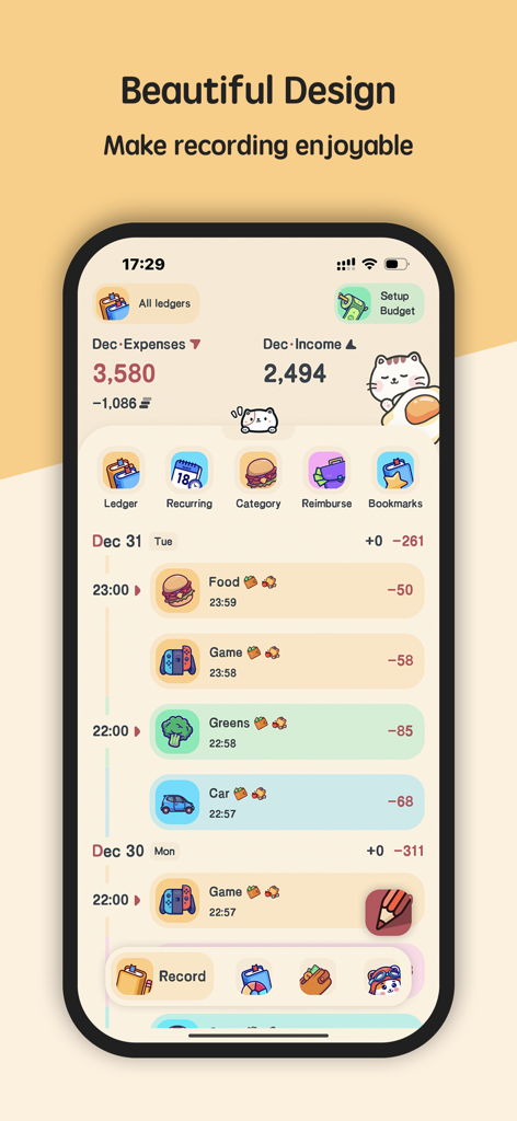 Meow Money Manager app interface showing a cute cat themed daily expense and income tracker with colorful icons
