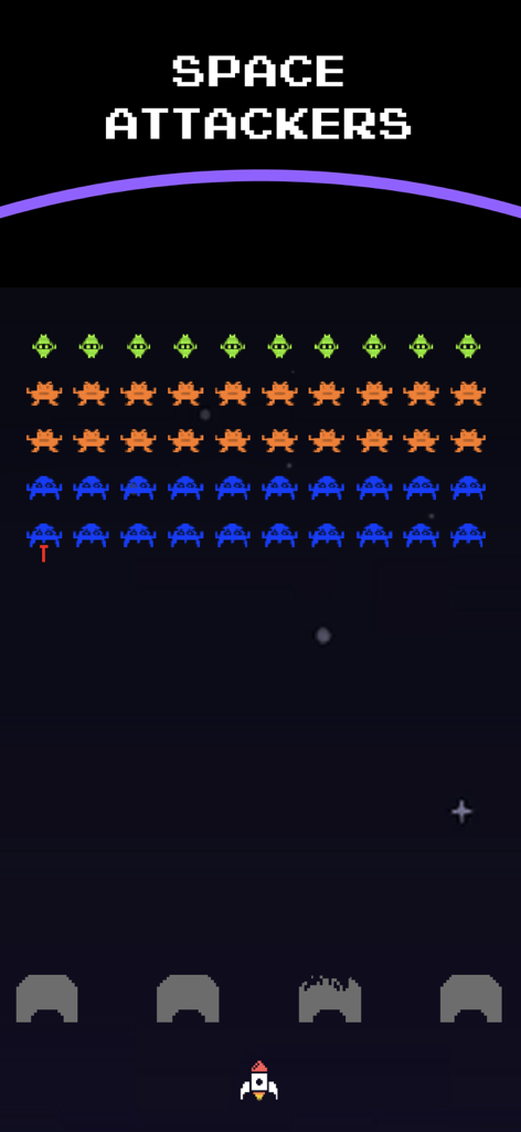 Arcade Games - Arcadia - Space Attackers retro arcade game interface featuring pixelated aliens and a rocket ship.