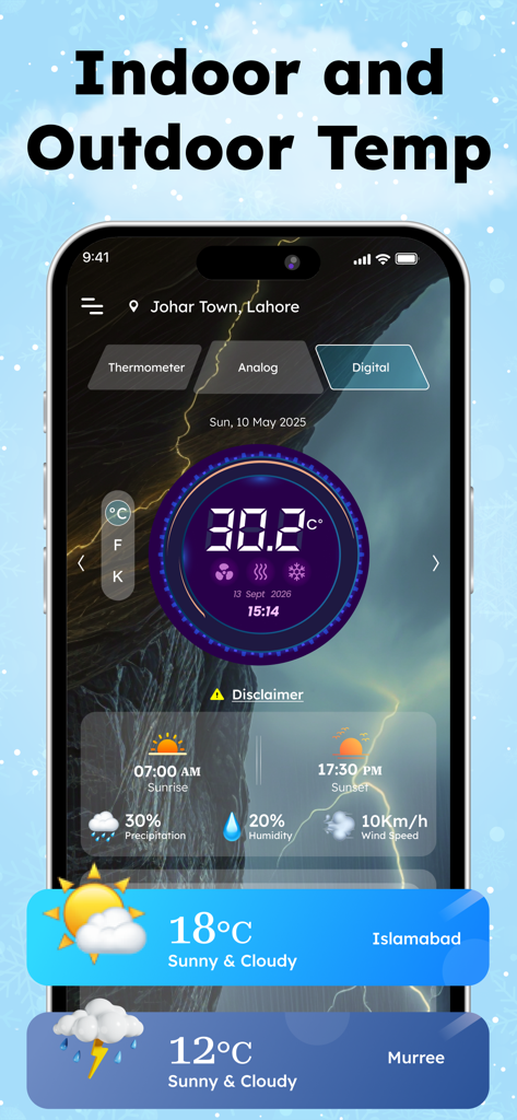 A smartphone showing the indoor and outdoor temperature app interface with digital display and weather data