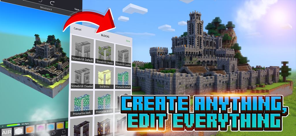 Crafty Craft for Minecraft PE - Crafty Craft app interface for editing Minecraft worlds showing a block selection menu and a large castle build